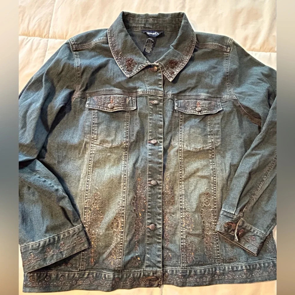 Denim & Co. 1990s Vintage Embellished Denim Jacket Jean Jacket Beaded XL